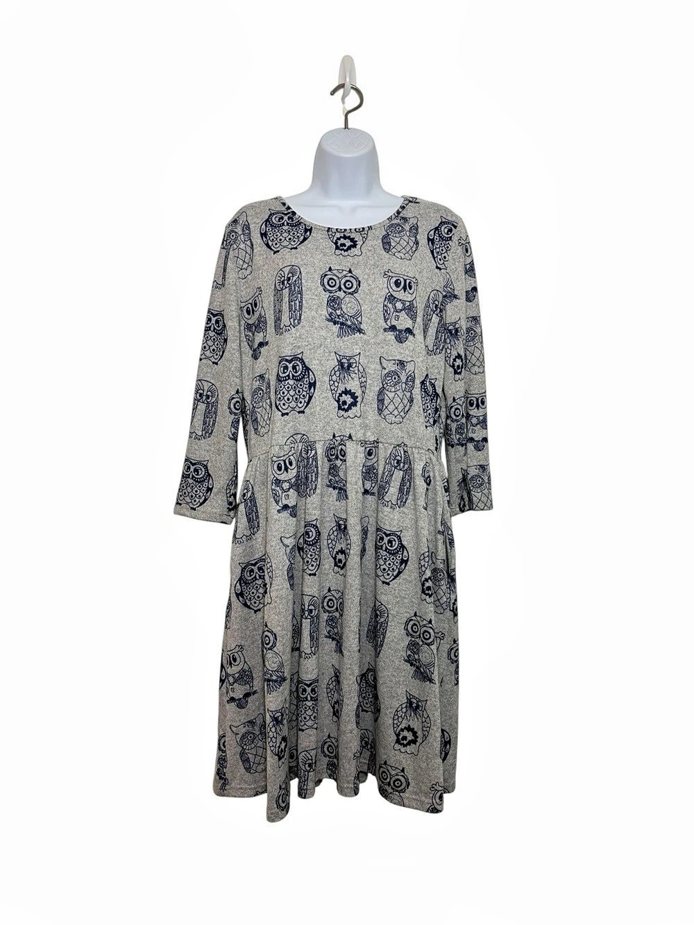 LA Soul Whimsical Owl Print Long Sleeve Gray Navy Skater Fit&Flare Dress SzL